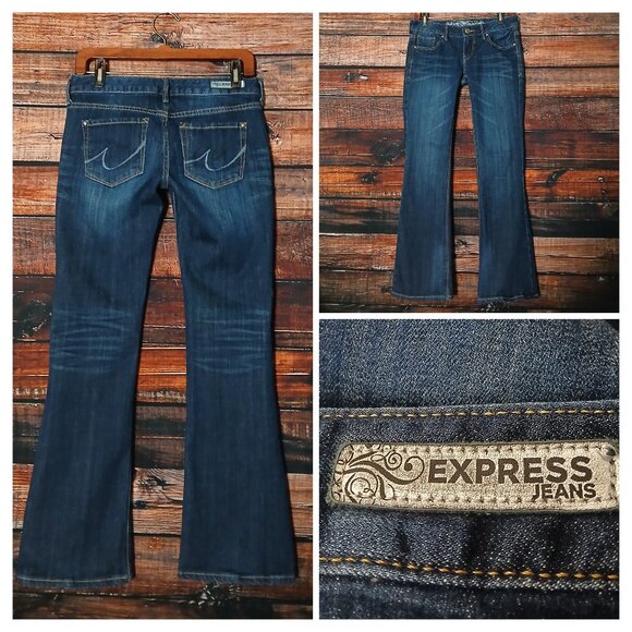 Express Jeans 2 Short Stella Boot Cut Low Rise Dark Wash Denim Stretch - Picture 1 of 8